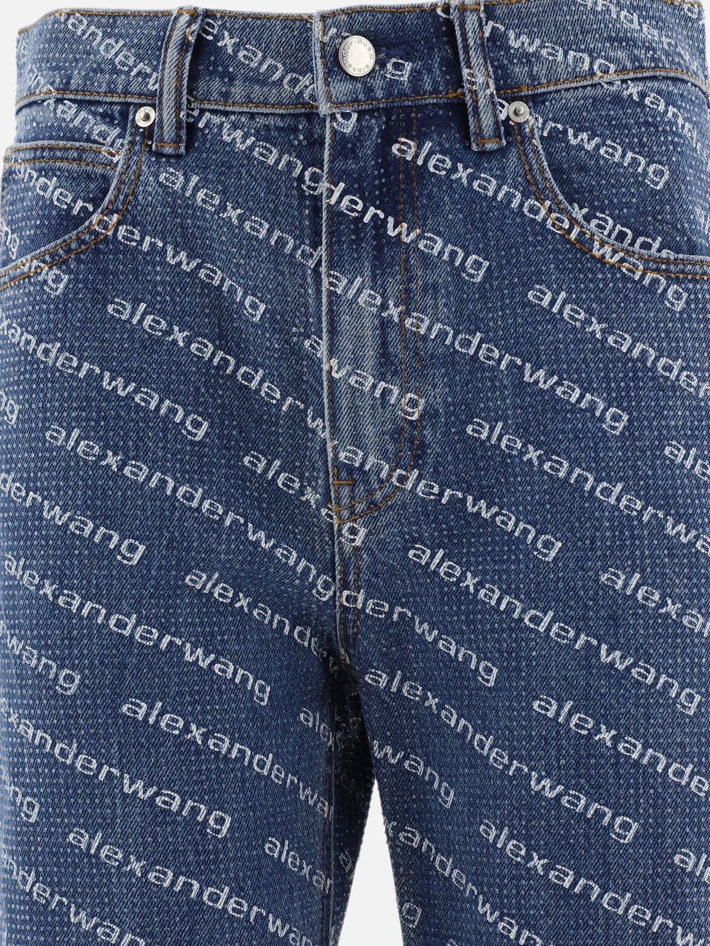 Jeans con logo con strass termoapplicati